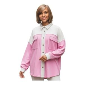 POL Shacket Jacket Shirt Colorblock Pink Long Sleeve Button Down Large  NWOT